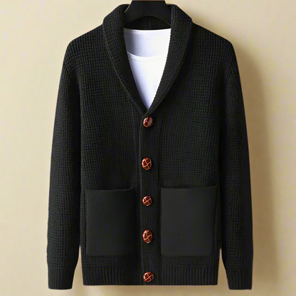 Men’s Cardigan – Relaxed Fit – Waffle Knit – Shawl Collar – Button Front – Patch Pockets