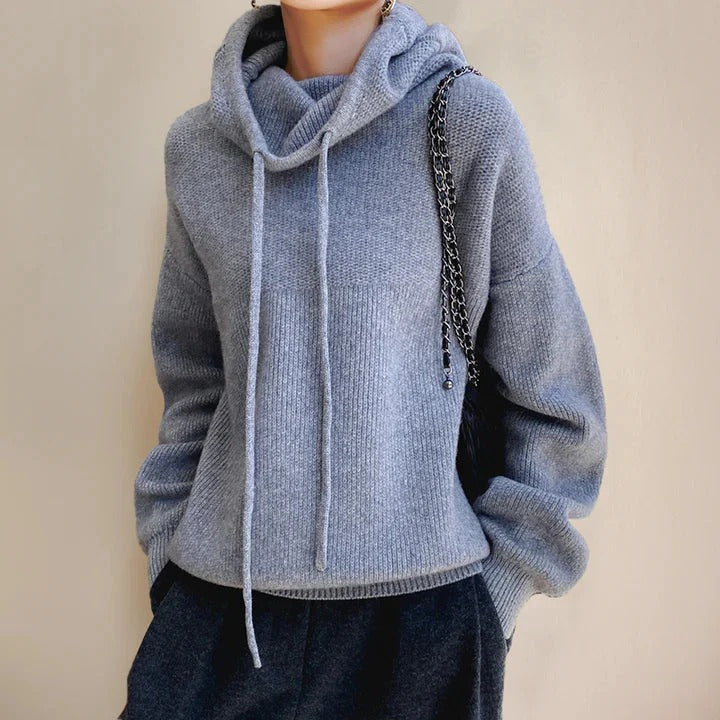 Women’s Knitted Sweatshirt – Oversized Fit – Soft Wool Blend – Cowl Neck with Drawstring