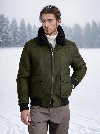 Men’s Bomber Jacket – Wool Blend – Shearling Collar – Two-Way Zipper – Ribbed Trim