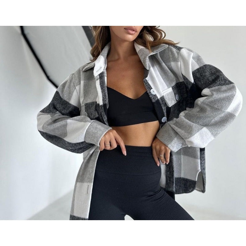 Women’s Jacket – Oversized Relaxed Fit – Wool-Like Woven – Plaid Button-Up Shirt Style