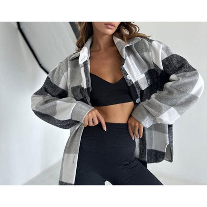 Women’s Jacket – Oversized Relaxed Fit – Wool-Like Woven – Plaid Button-Up Shirt Style