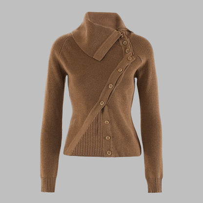 Women’s Knitwear Top – Slim Fit – Ribbed Texture – Asymmetrical Collar – Long Sleeve