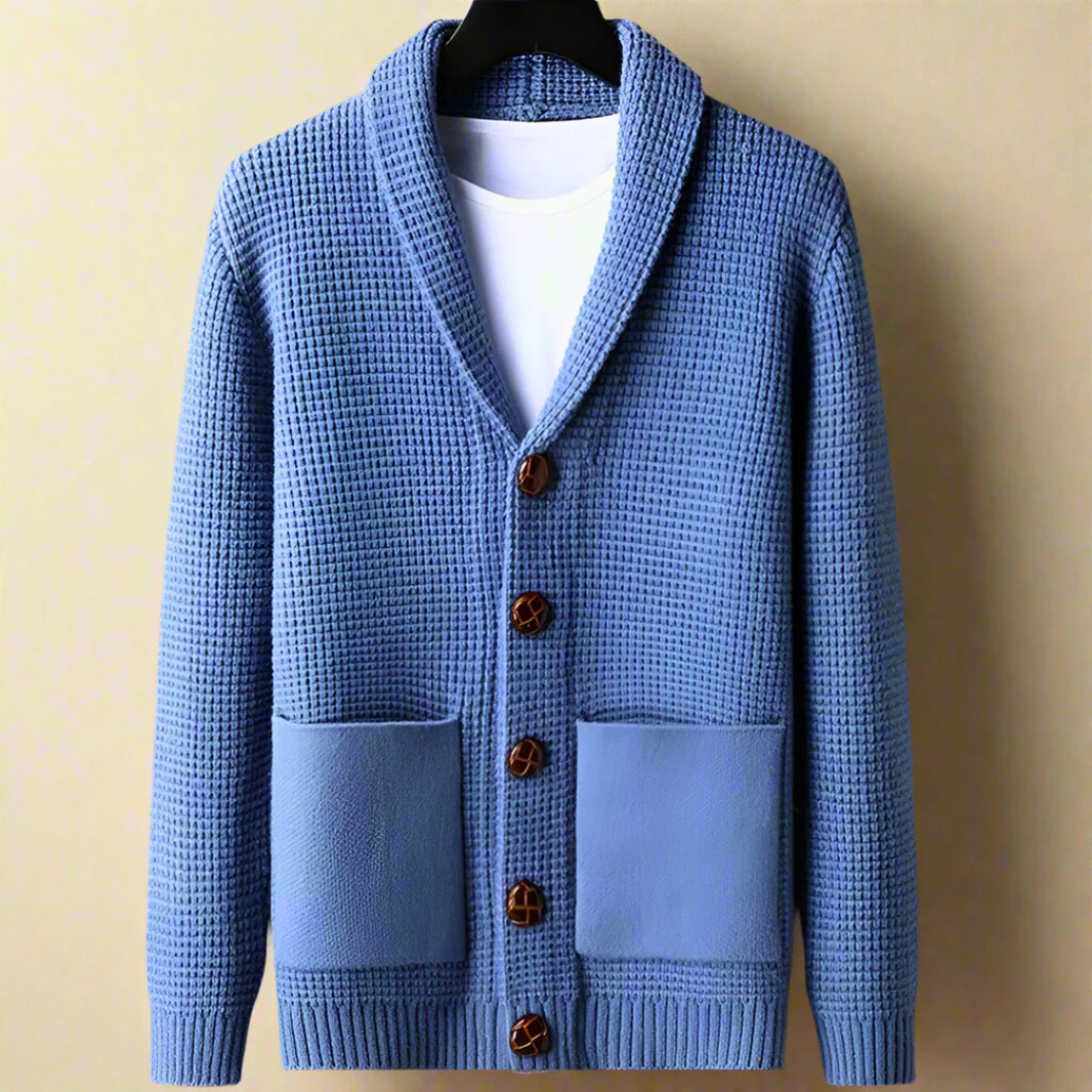 Men’s Cardigan – Relaxed Fit – Waffle Knit – Shawl Collar – Button Front – Patch Pockets