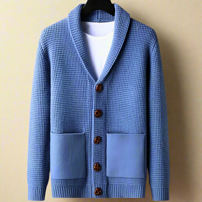 Men’s Cardigan – Relaxed Fit – Waffle Knit – Shawl Collar – Button Front – Patch Pockets