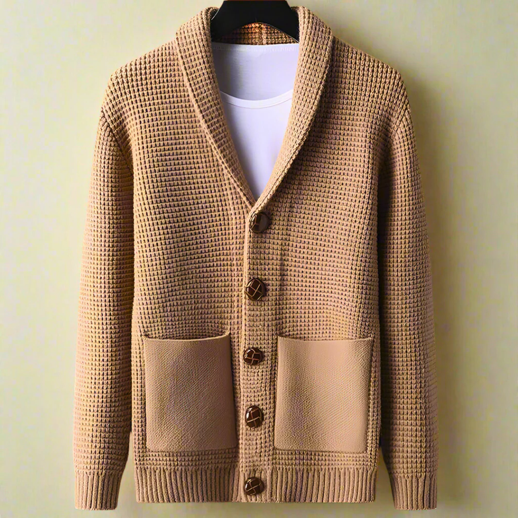Men’s Cardigan – Relaxed Fit – Waffle Knit – Shawl Collar – Button Front – Patch Pockets