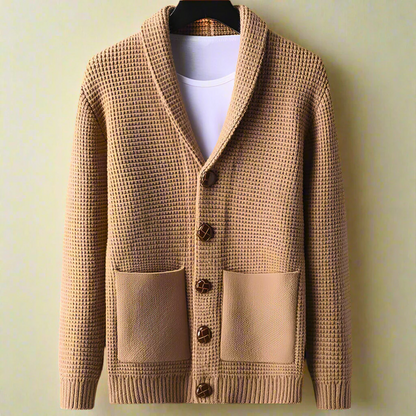 Men’s Cardigan – Relaxed Fit – Waffle Knit – Shawl Collar – Button Front – Patch Pockets