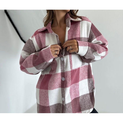 Women’s Jacket – Oversized Relaxed Fit – Wool-Like Woven – Plaid Button-Up Shirt Style