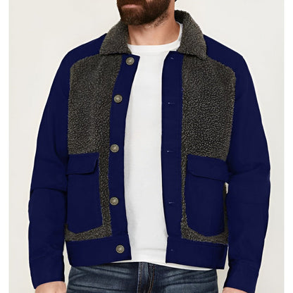 Men’s Regular Fit Coat – Sherpa Collar – Patchwork Design – Waist-Length Outerwear