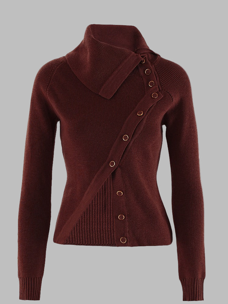 Women’s Knitwear Top – Slim Fit – Ribbed Texture – Asymmetrical Collar – Long Sleeve