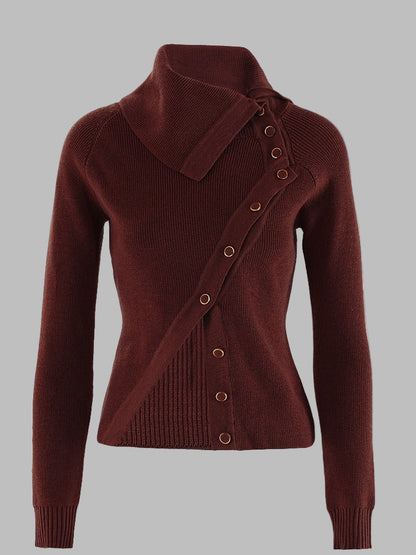 Women’s Knitwear Top – Slim Fit – Ribbed Texture – Asymmetrical Collar – Long Sleeve