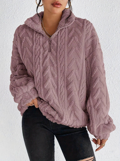 Women’s Sweatshirt – Oversized Relaxed Fit – Plush Chevron Texture – Quarter Zip