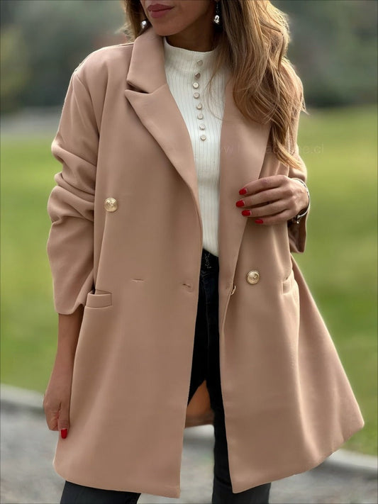 Women’s Long Blazer Coat – Oversized Fit – Double-Breasted – Notched Lapel – Flap Pockets