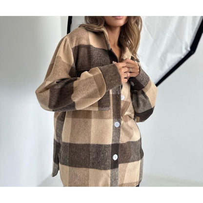 Women’s Jacket – Oversized Relaxed Fit – Wool-Like Woven – Plaid Button-Up Shirt Style