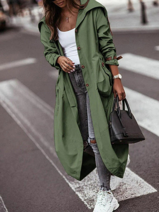 Women’s Trench Coat – Oversized Fit – Full Length – Hooded – Button Front Utility Style