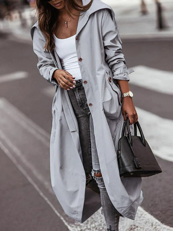 Women’s Trench Coat – Oversized Fit – Full Length – Hooded – Button Front Utility Style
