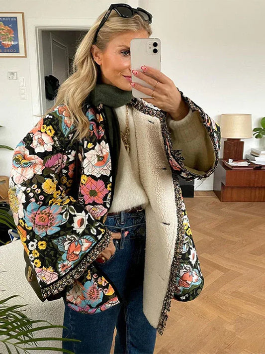 Women’s Quilted Coat – Relaxed Fit – Floral Print – Plush Lining – Button Front