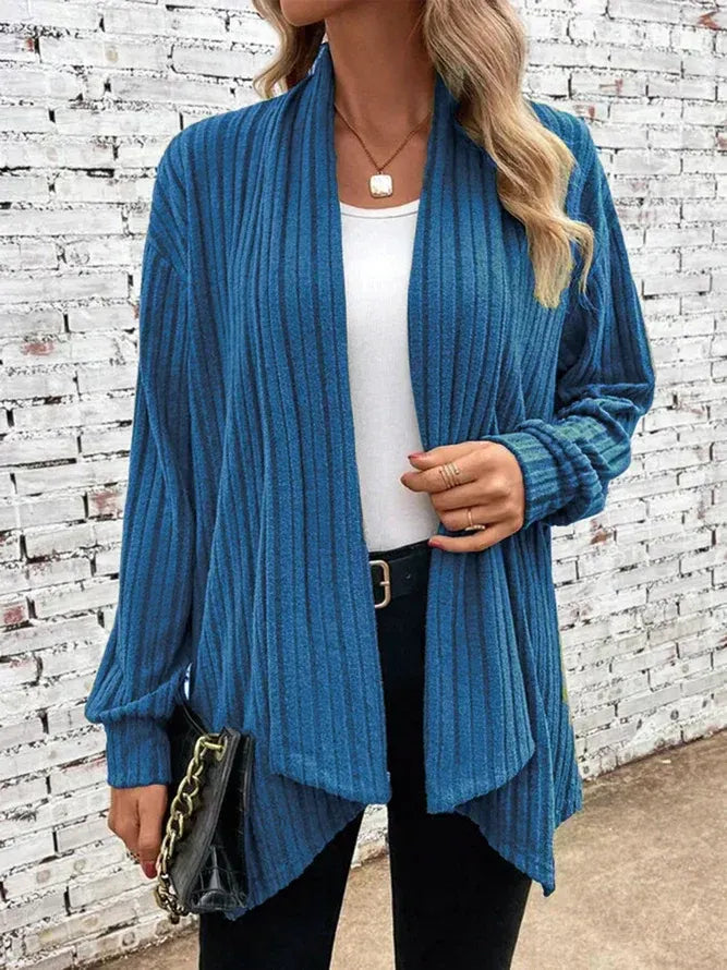 Women’s Cardigan – Ribbed Knit – Relaxed Fit – Open Front – Asymmetrical Hem