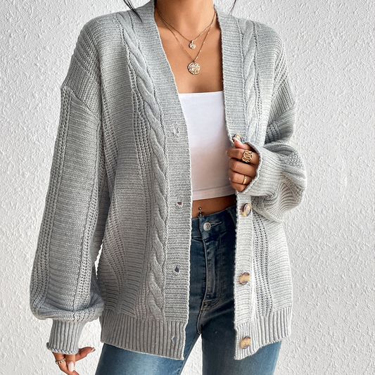 Women’s Cardigan Jacket – Wool Knit – Cable Pattern – Oversized Fit – Button Front
