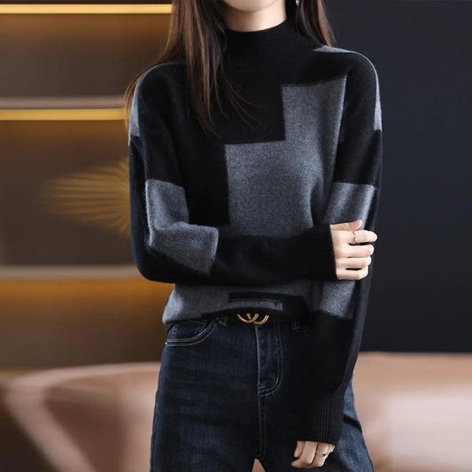 Women’s Pullover Sweatshirt – Relaxed Fit – Knit Fabric – Mock Neck – Patchwork Design