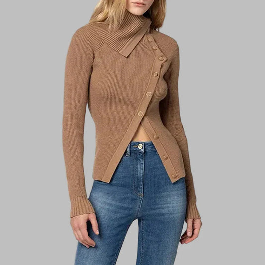 Women’s Knitwear Top – Slim Fit – Ribbed Texture – Asymmetrical Collar – Long Sleeve