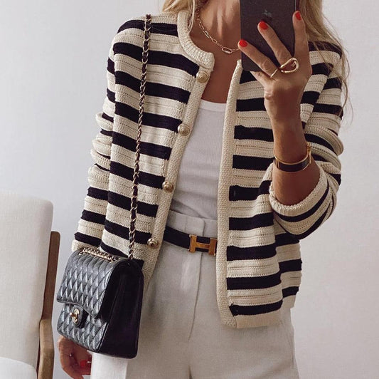 Women’s Cardigan – Cotton Knit – Striped Pattern – Crew Neck – Button Front – Ribbed Trim