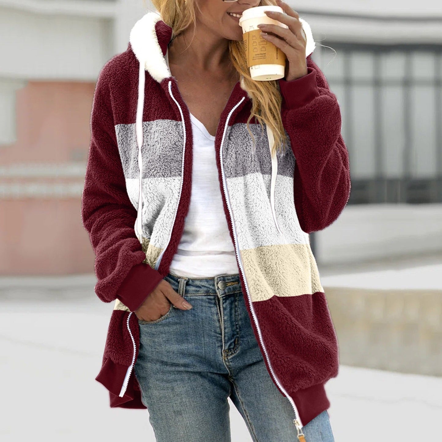 Women’s Zip-Up Hoodie Jacket – Sherpa Fleece – Relaxed Fit – Hooded Casual Wear