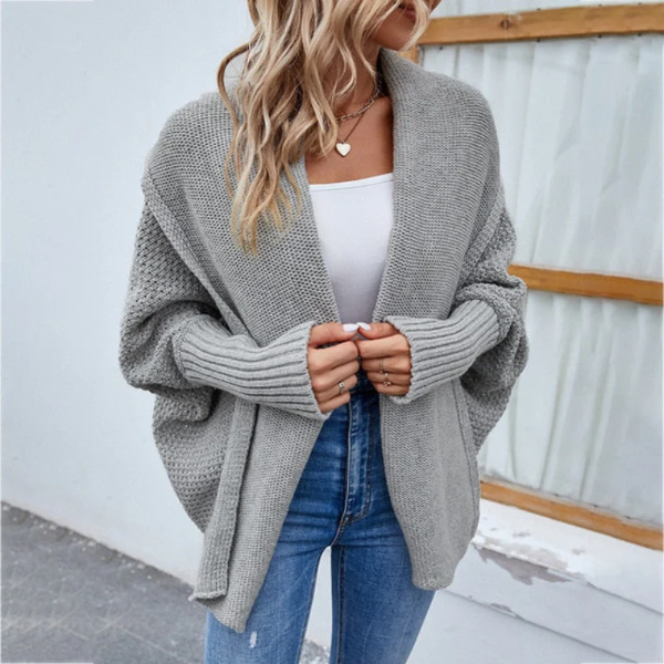 Women’s Knit Cardigan – Oversized Fit – Chunky Texture – Open Front – Ribbed Trim