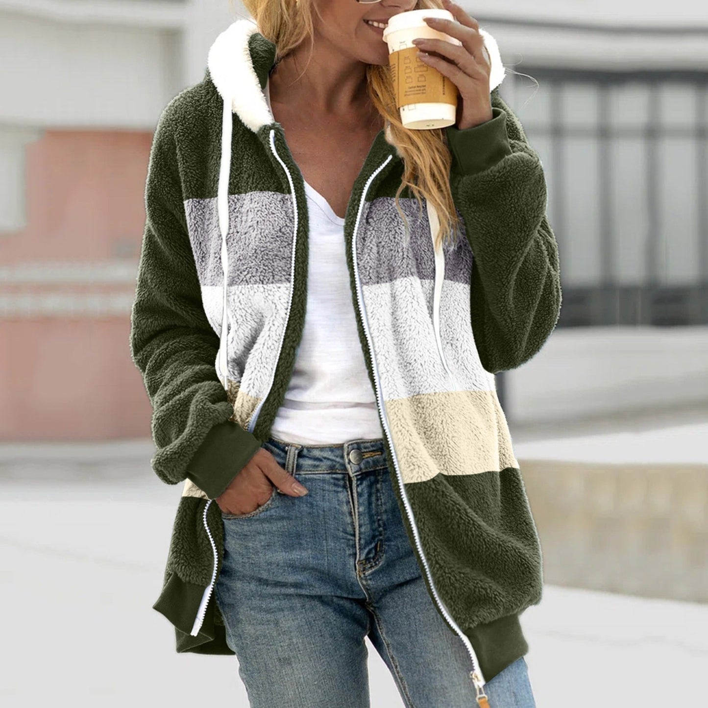 Women’s Zip-Up Hoodie Jacket – Sherpa Fleece – Relaxed Fit – Hooded Casual Wear