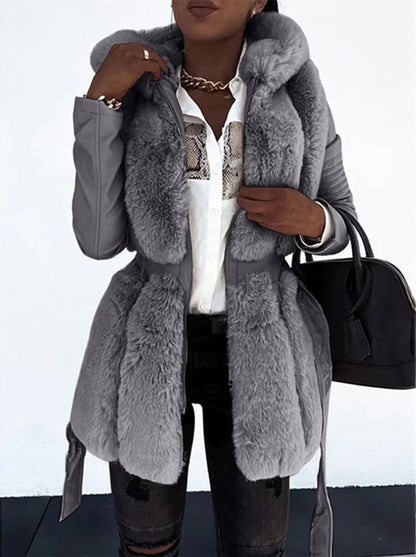 Women’s Mid-Length Coat – Faux Fur Front – Tailored Fit – Belted Waist – Long Sleeve