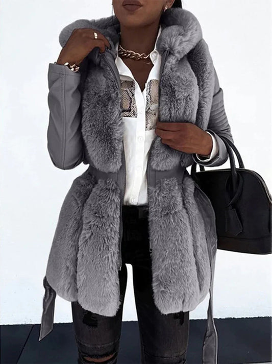 Women’s Mid-Length Coat – Faux Fur Front – Tailored Fit – Belted Waist – Long Sleeve