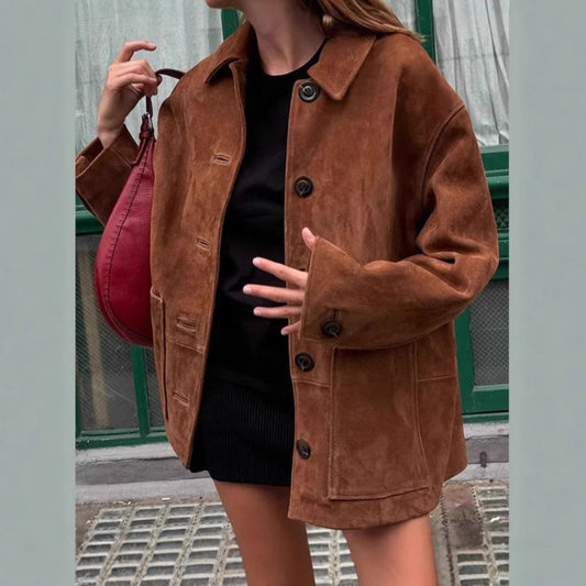 Women’s Jacket – Relaxed Fit – Brushed Fabric – Lapel Collar – Patch Pockets