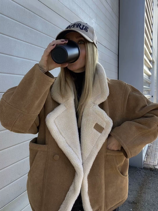 Women’s Coat – Oversized Loose Fit – Fleece Lined – Notched Lapel – Patch Pockets