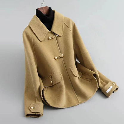 Women’s Wool Coat – Tailored Fit – Pearl Toggle Closure – Flared Hem – Mid Length