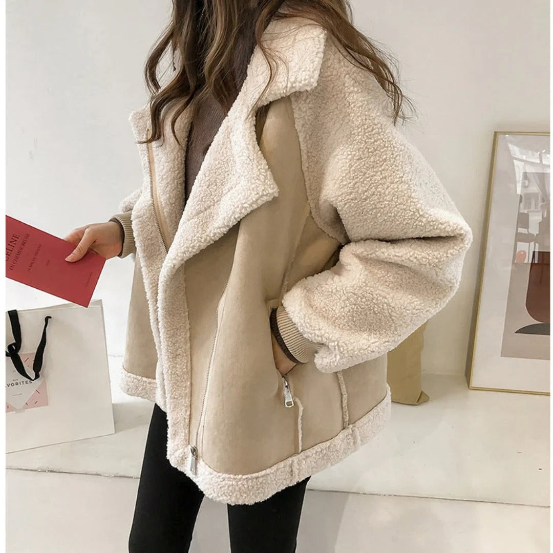Women’s Jacket – Oversized Fit – Brushed Texture – Sherpa Trim – Zip Front Closure