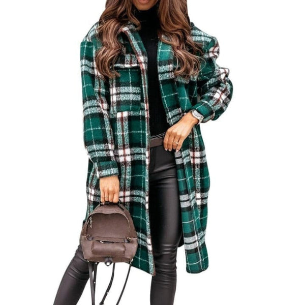 Women’s Checkered Overcoat– Oversized Fit – Wool Blend – Knee Length – Button Front
