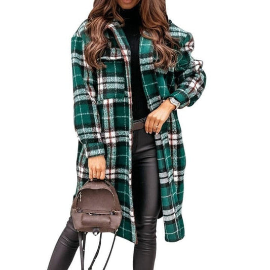 Women’s Checkered Overcoat– Oversized Fit – Wool Blend – Knee Length – Button Front