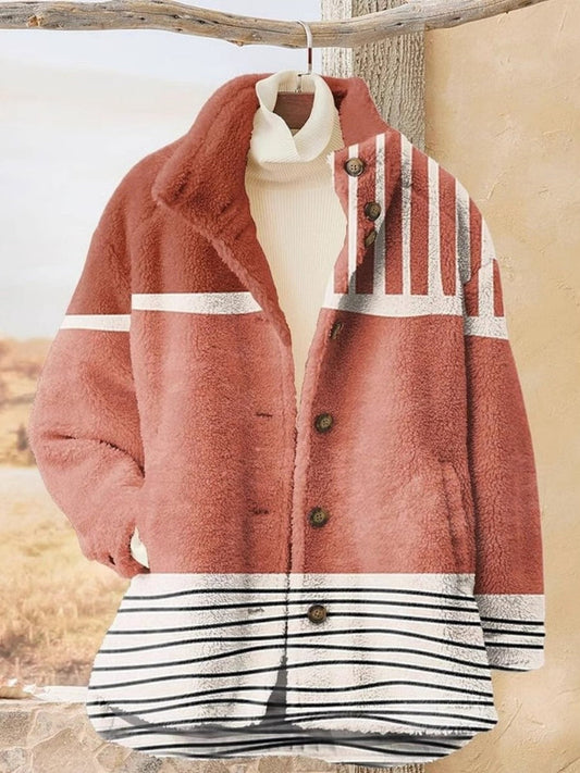 Women’s Jacket – Relaxed Fit – Plush Fleece – Button Front – High Collar – Striped Pattern