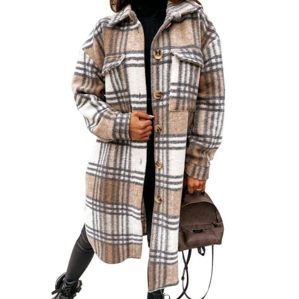 Women’s Checkered Overcoat– Oversized Fit – Wool Blend – Knee Length – Button Front