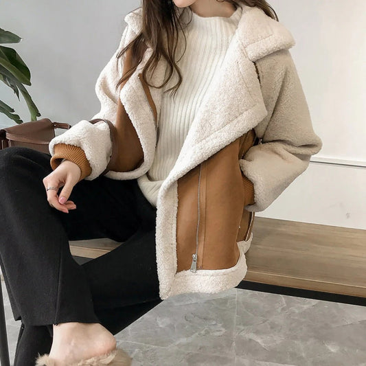 Women’s Jacket – Oversized Fit – Brushed Texture – Sherpa Trim – Zip Front Closure