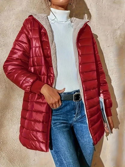 Women’s Quilted Jacket – Longline Relaxed Fit – Fleece Lined – Ribbed Cuffs