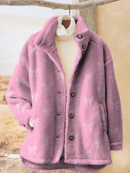 Women’s Jacket – Relaxed Fit – Plush Fleece – Button Front – High Collar – Striped Pattern