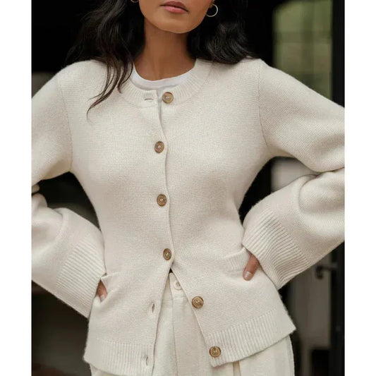 Women’s Cardigan – Relaxed Fit Knit Wool Blend – Bell Sleeves – Button Front – Ribbed Trim