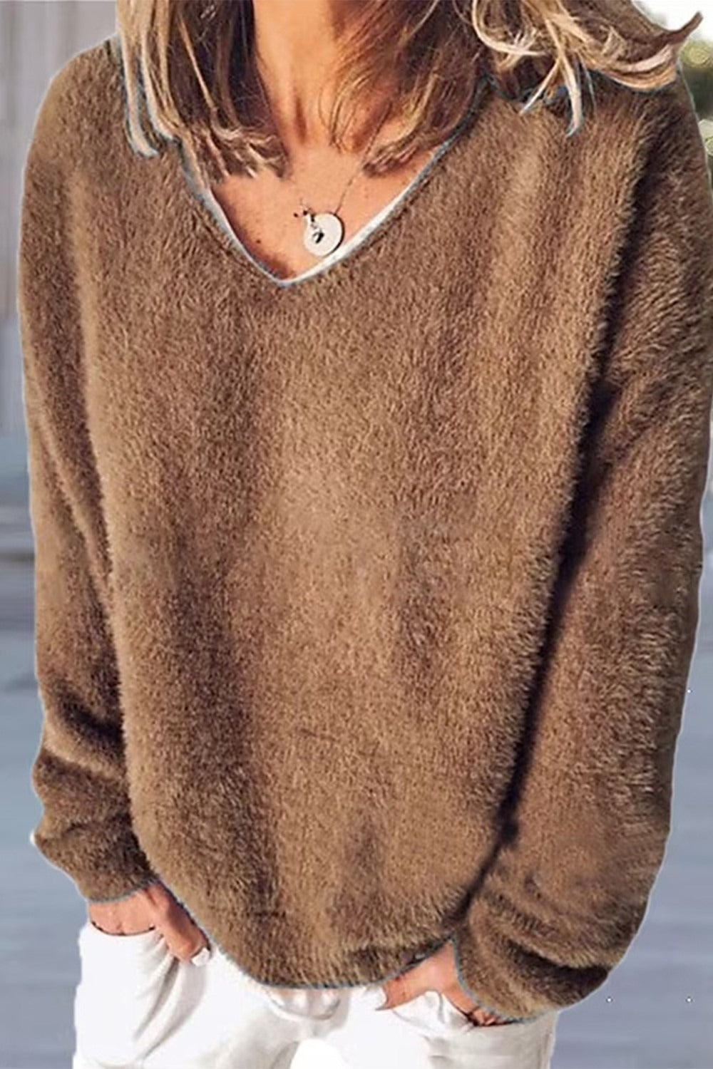 Women’s V-Neck Sweatshirt – Relaxed Fit – Plush Fuzzy Knit – Long Sleeve Casual Wear