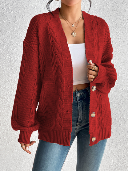 Women’s Cardigan Jacket – Wool Knit – Cable Pattern – Oversized Fit – Button Front