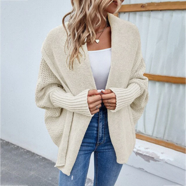 Women’s Knit Cardigan – Oversized Fit – Chunky Texture – Open Front – Ribbed Trim
