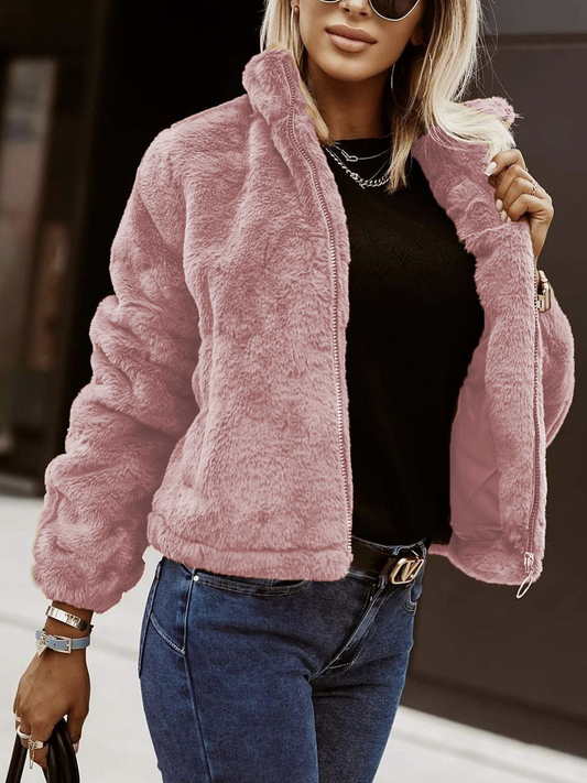 Women’s Fleece Jacket – Faux Leather – Plush Texture – Zipper Front – High Collar – Relaxed Fit