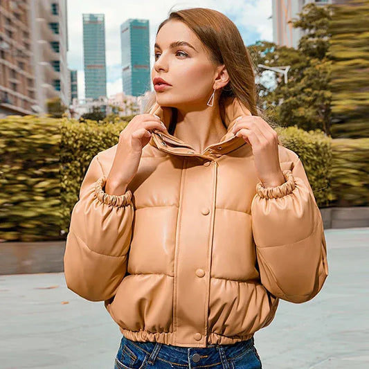 Women’s Puffer Jacket – Oversized Fit – Quilted Glossy Shell – Cropped High Collar