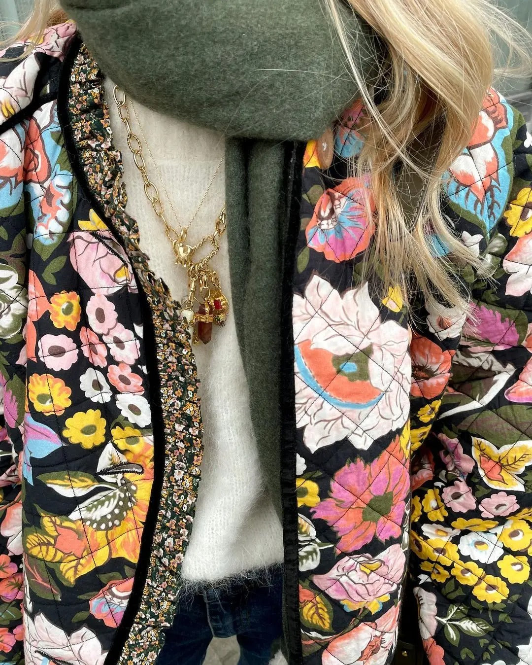 Women’s Quilted Coat – Relaxed Fit – Floral Print – Plush Lining – Button Front