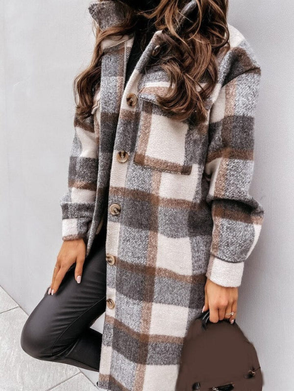 Women’s Checkered Overcoat– Oversized Fit – Wool Blend – Knee Length – Button Front