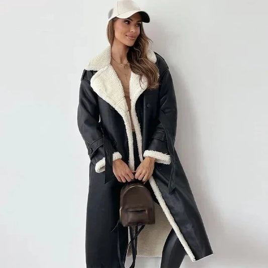 Women’s Shearling Leather Coat – Relaxed Fit – Double Breasted – Wide Lapel